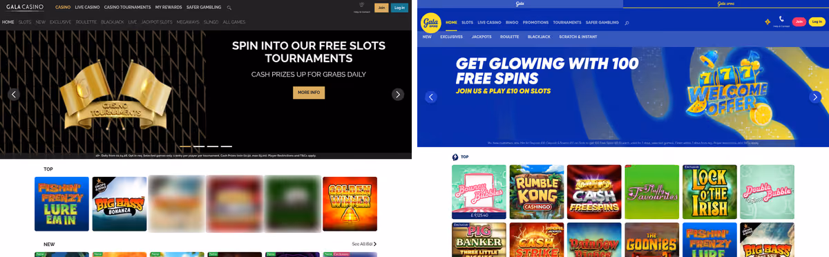 Gala Casino and Gala Spins lobbies side by side showing the shared LC International licence