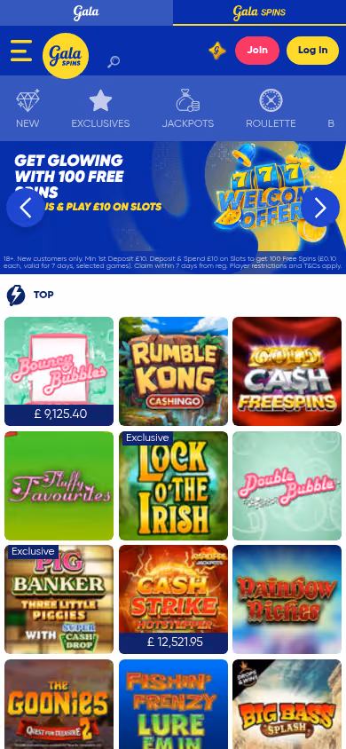 Gala Spins on mobile showing live jackpot totals printed on the game tiles