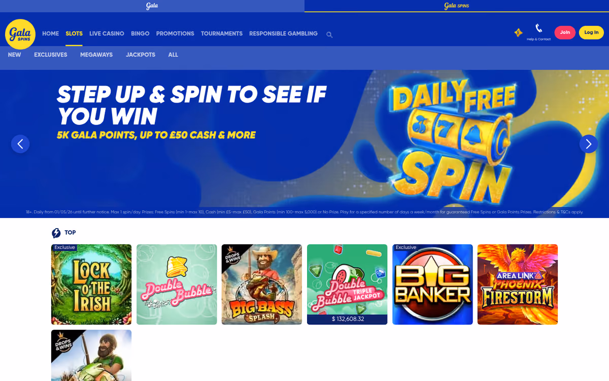 Gala Spins slots lobby showing the daily free spin paying Gala Points, cash or no prize, above exclusives and jackpots