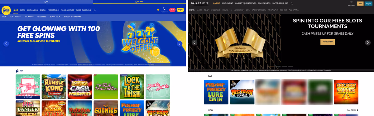 Gala Spins and Gala Casino lobbies side by side showing the shared LC International licence