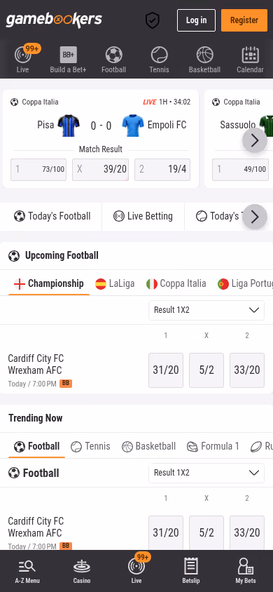 Gamebookers on mobile showing the sportsbook with fractional odds