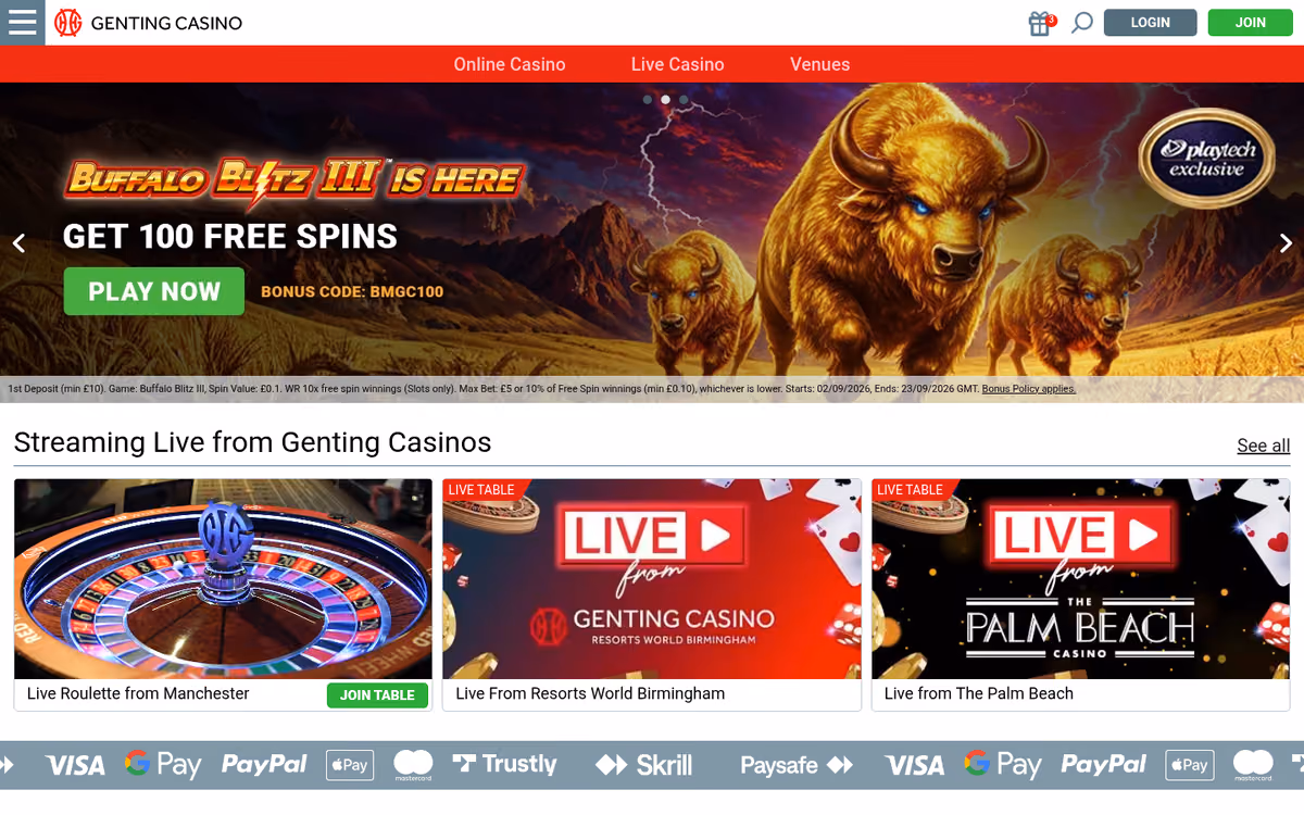 Genting Casino sister sites evidence: the gentingcasino.com homepage showing the welcome offer small print and the Venues menu