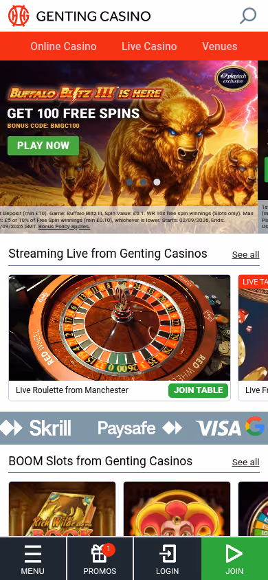 Genting Casino homepage at mobile width showing the welcome offer