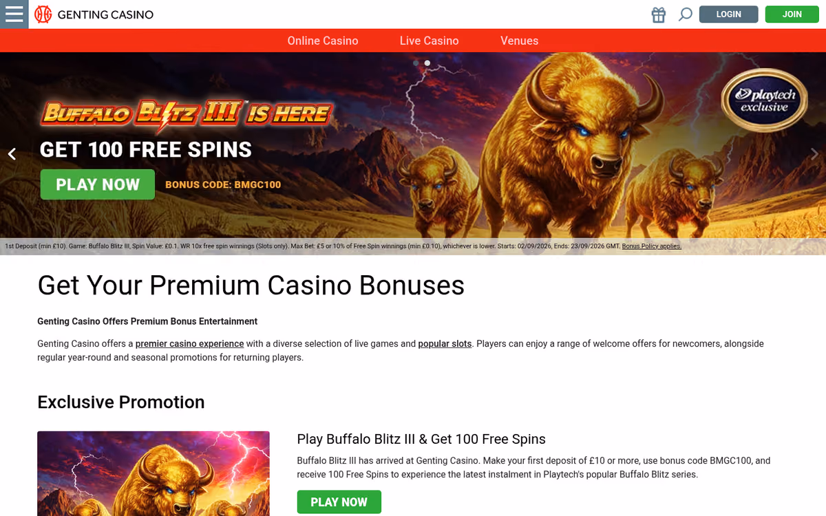 Genting Casino promotions page showing the welcome offer wagering terms