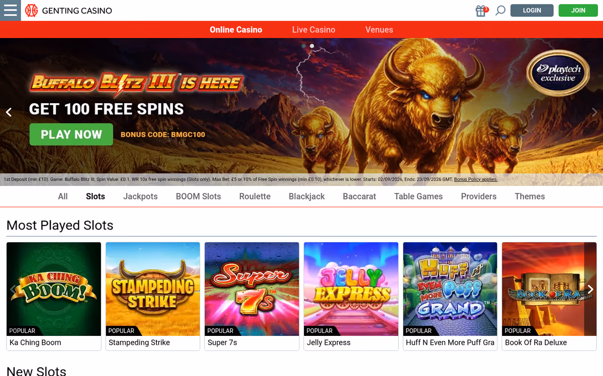 Genting Casino slots lobby showing Big Bass Bonanza and other featured titles