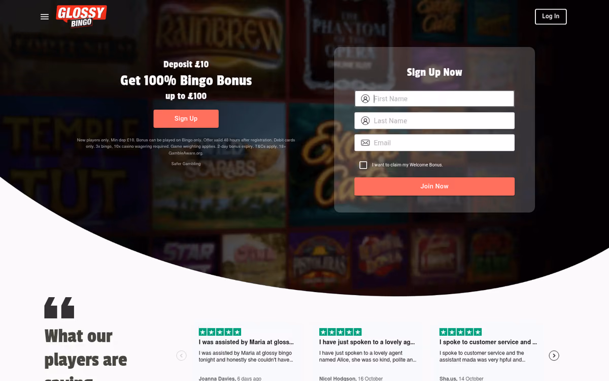 Glossy Bingo homepage showing a 100% bingo bonus up to £100 beside a sign-up form, over a montage of game tiles