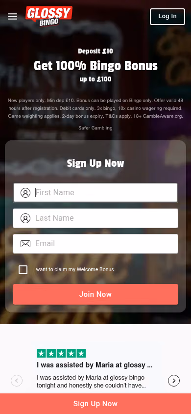 Glossy Bingo mobile homepage with the welcome offer stacked above the sign-up form