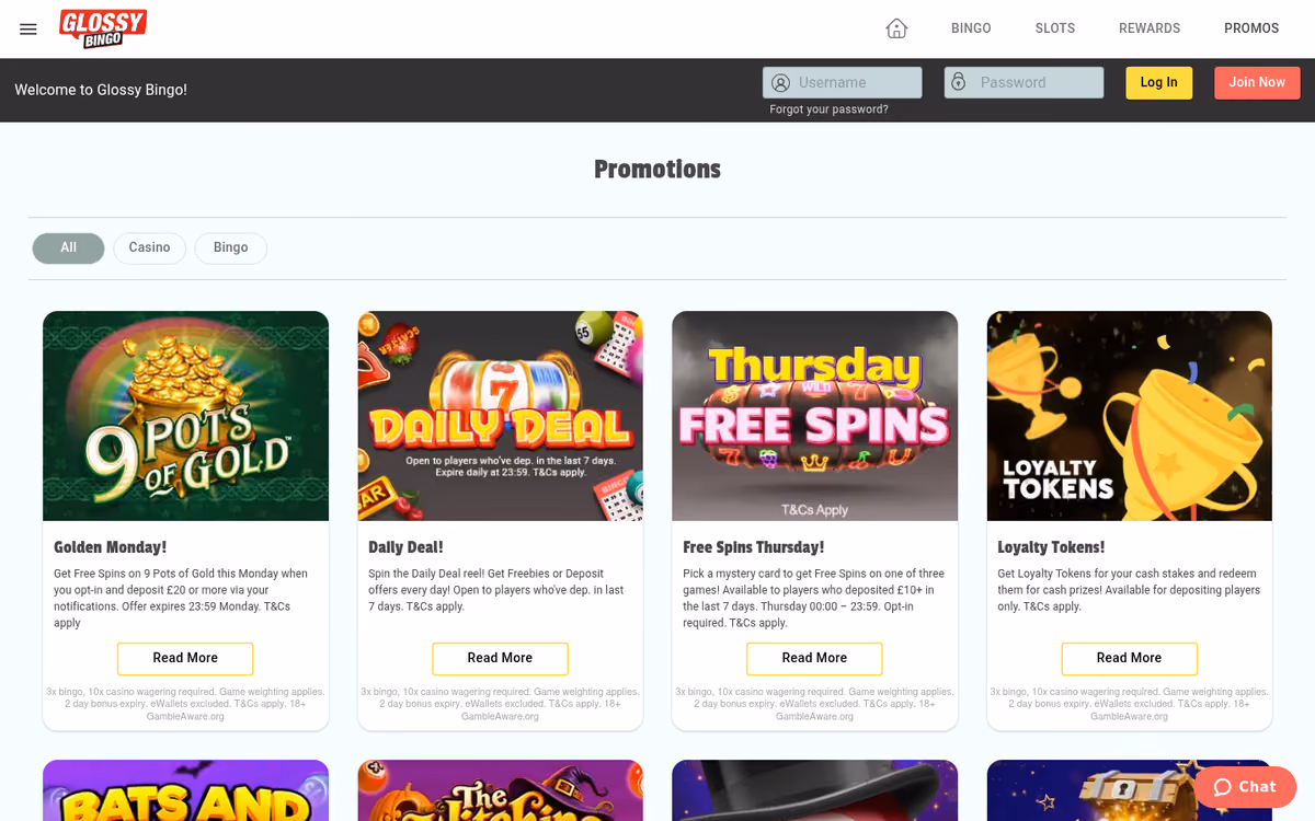 Glossy Bingo promotions page listing the welcome offer and recurring weekly promotions