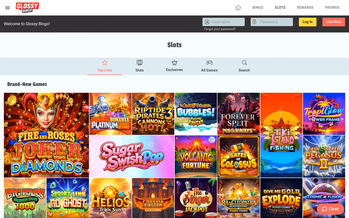 Glossy Bingo slots lobby showing game tiles with no catalogue total displayed