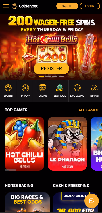 Goldenbet mobile homepage showing the 200 wager-free spins every Thursday and Friday offer with Sports, In-Play, Casino, Slot Race, Live Casino and Instant tiles