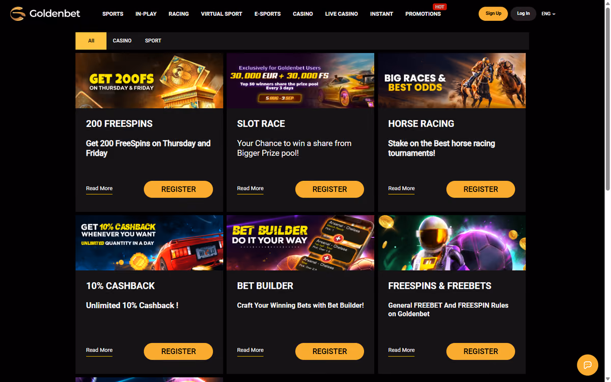 Goldenbet promotions page showing 200 free spins, the Slot Race prize pool, 10% cashback, Bet Builder and Sport Cashout