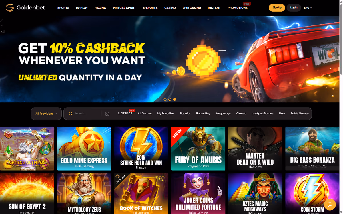 Goldenbet casino lobby showing Pragmatic Play, Playson, Hacksaw, TaDa Gaming, Booongo and BGaming titles under an All Providers filter