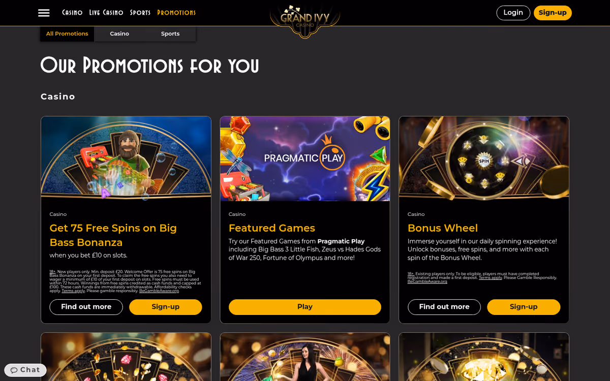 Grand Ivy promotions page with All Promotions, Casino and Sports tabs above a grid of offer tiles