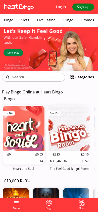 Heart Bingo homepage at mobile width
