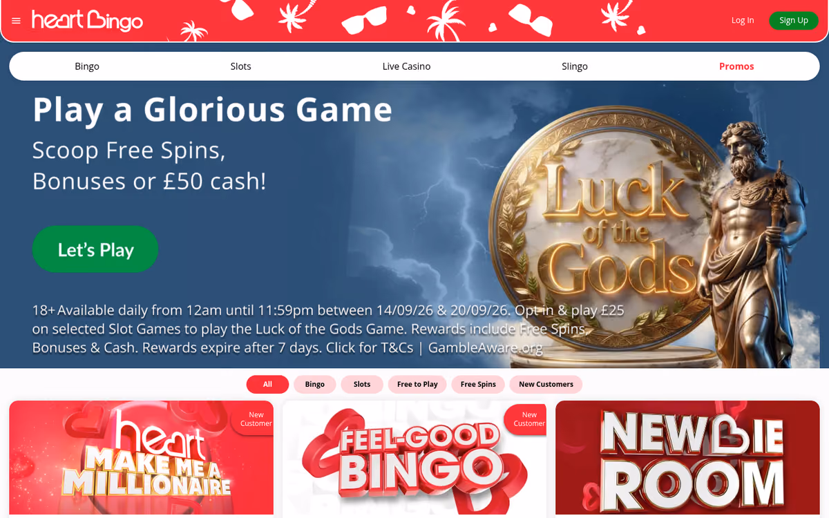 Heart Bingo promotions page listing the free spins and bingo bonus welcome offers