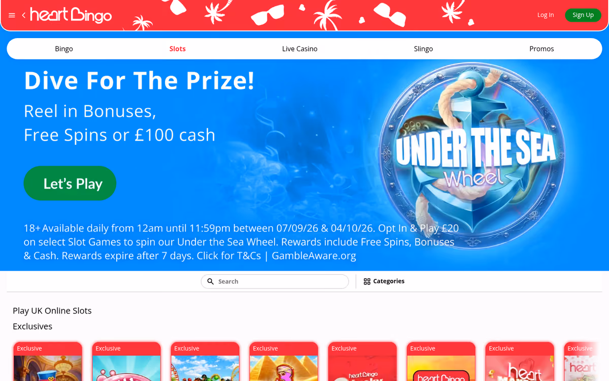 Heart Bingo slots lobby with Slingo and Megaways categories