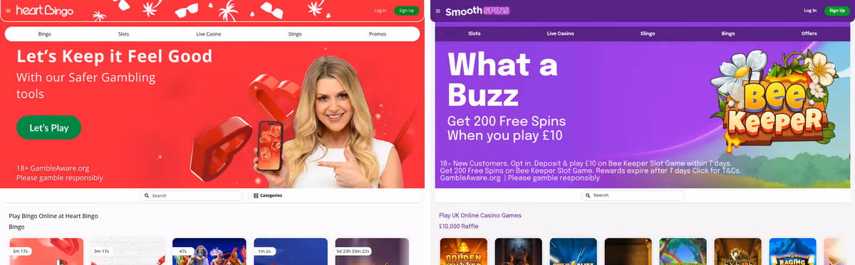 Heart Bingo beside Smooth Spins, two Global-licensed brands on BV Gaming's licence