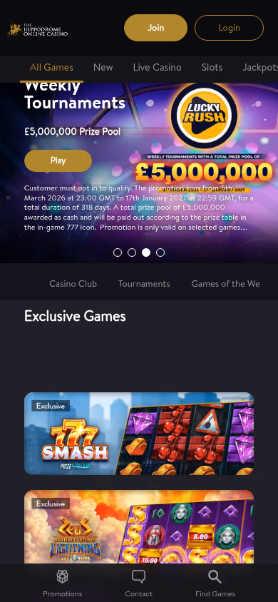 Hippodrome Online homepage on mobile at 390 pixels wide