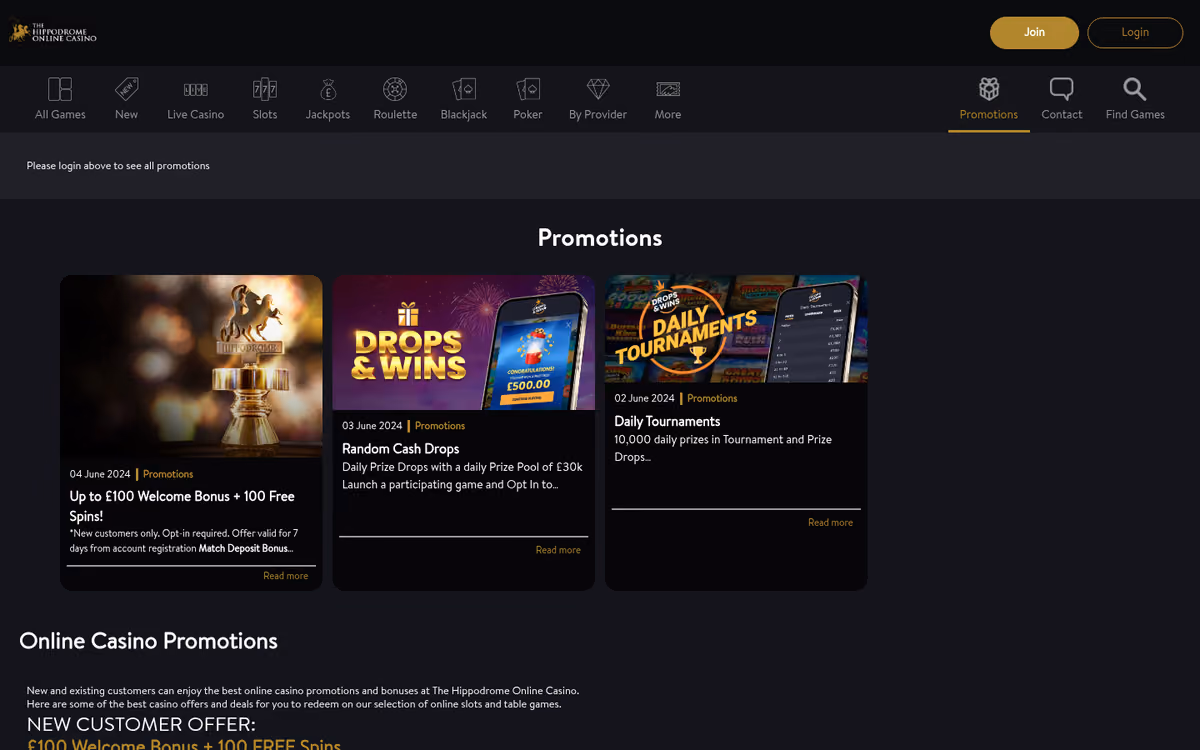 Hippodrome Online promotions page showing the £100 welcome bonus and 100 free spins offer