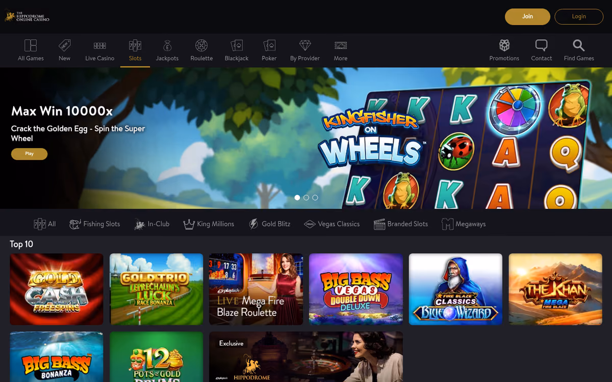 Hippodrome Online games lobby showing Live Casino ahead of Slots in the navigation