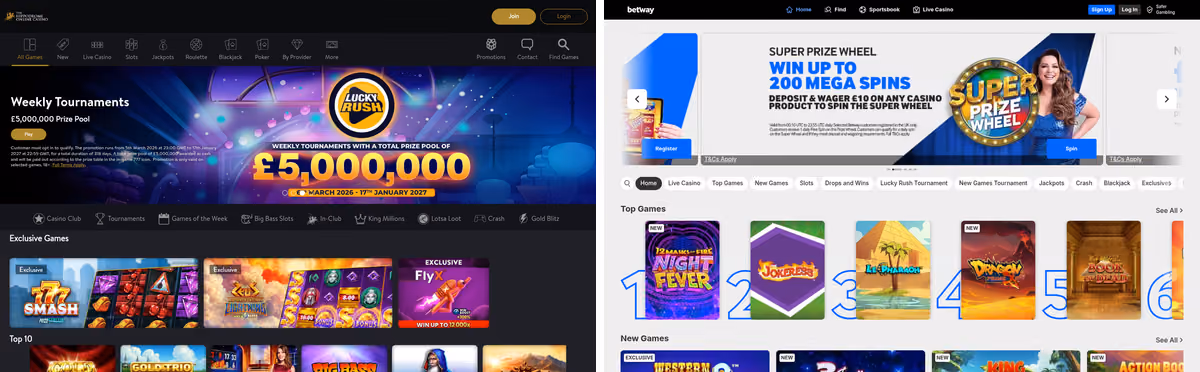 Hippodrome Online and Betway homepages side by side showing two different platforms on one licence