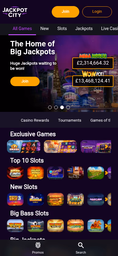 Jackpot City lobby on mobile at 390 pixels wide with jackpot tickers retained