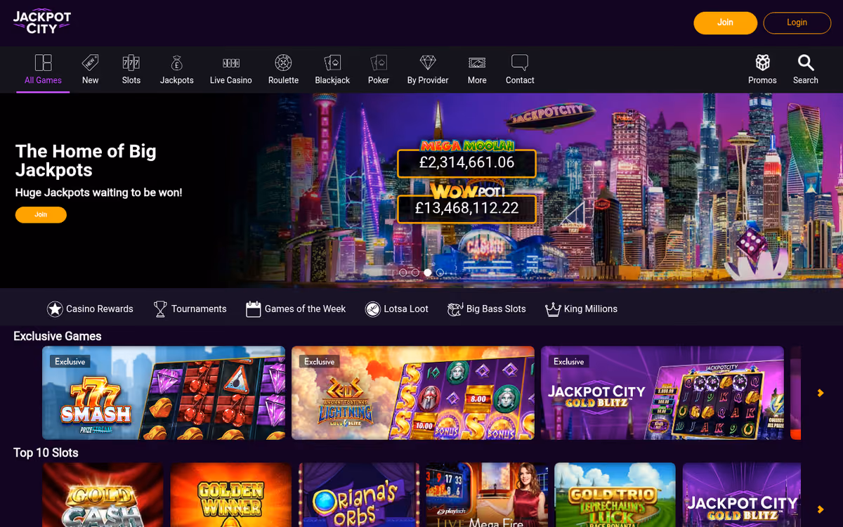 Jackpot City promotions route resolving to the games lobby