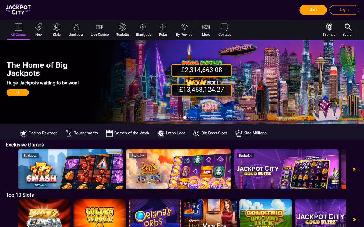 Jackpot City games lobby showing exclusive titles and the top ten slots rail