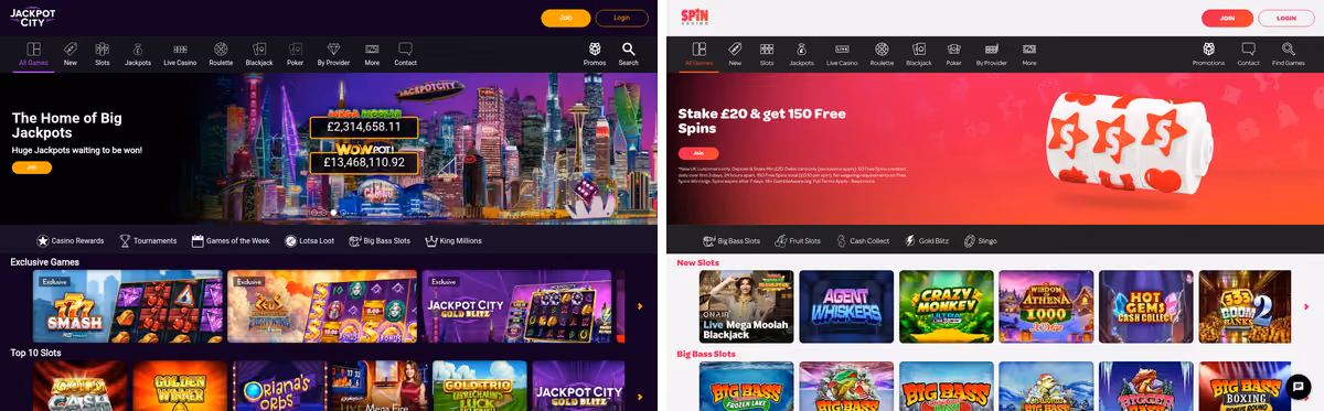Jackpot City and Spin Casino homepages side by side showing an identical navigation component