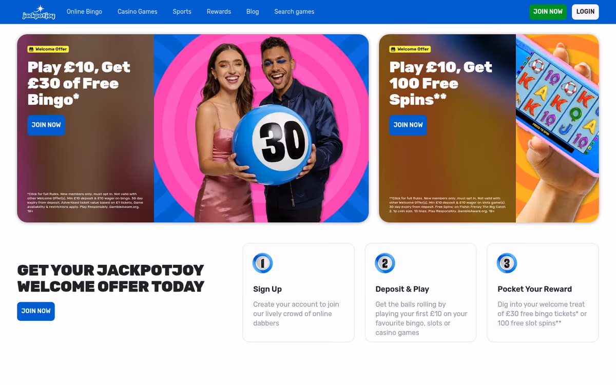 Jackpotjoy sister sites evidence: the jackpotjoy.com homepage with its 100 free spins and £30 free bingo welcome