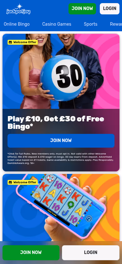 Jackpotjoy homepage at mobile width