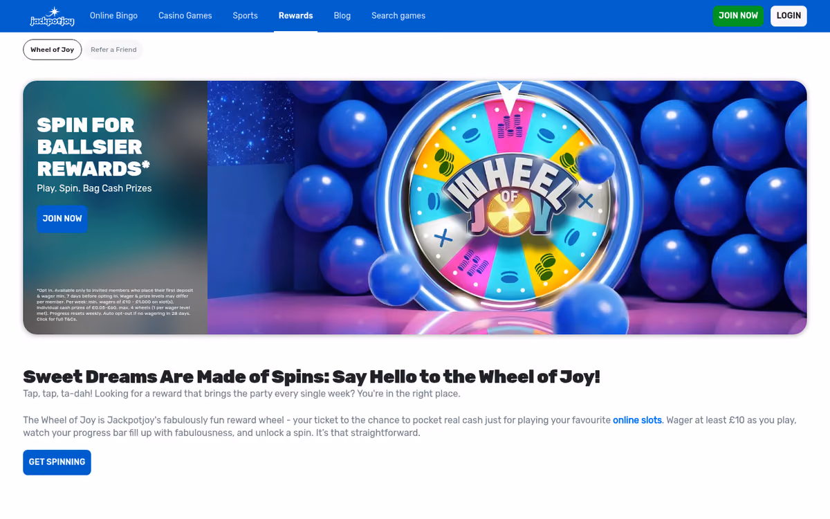 Jackpotjoy Wheel of Joy reward page with its four prize levels