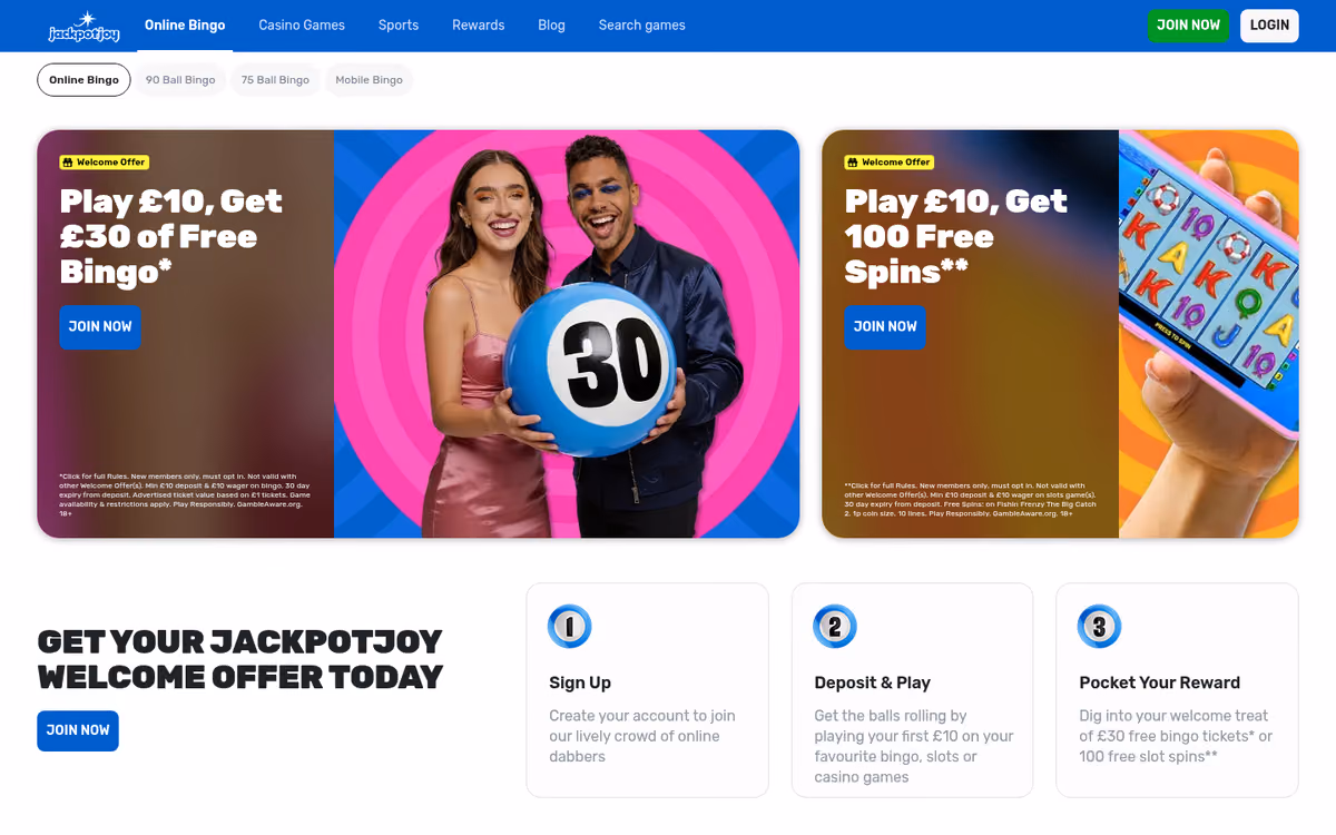 Jackpotjoy bingo lobby with 90-ball, 80-ball and 75-ball rooms