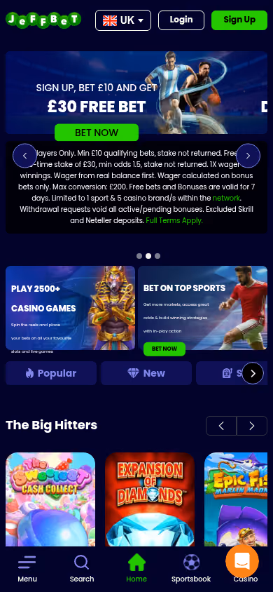 JeffBet mobile homepage at 390 by 844 with a bottom bar linking Menu, Search, Home, Sportsbook and Casino