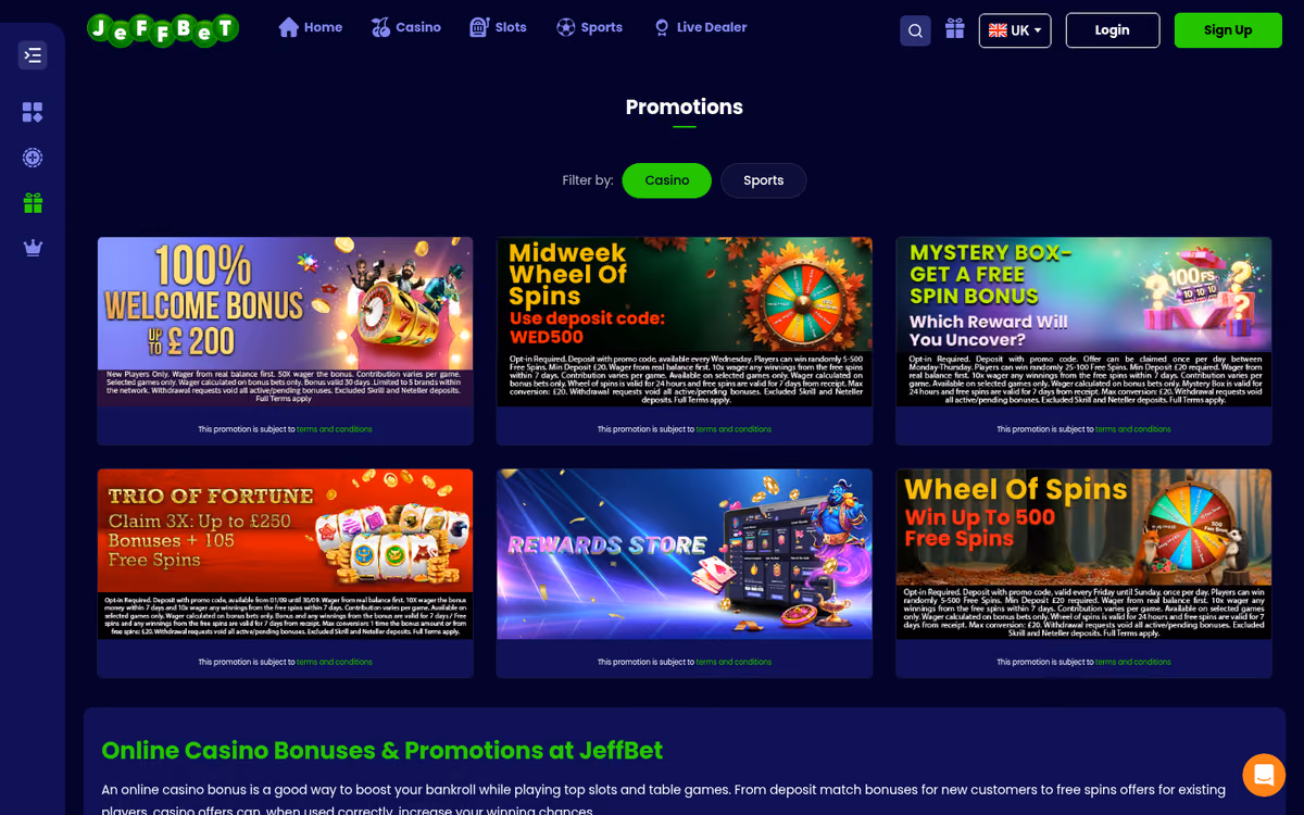 JeffBet promotions page with casino and sports filters and deposit-code offers