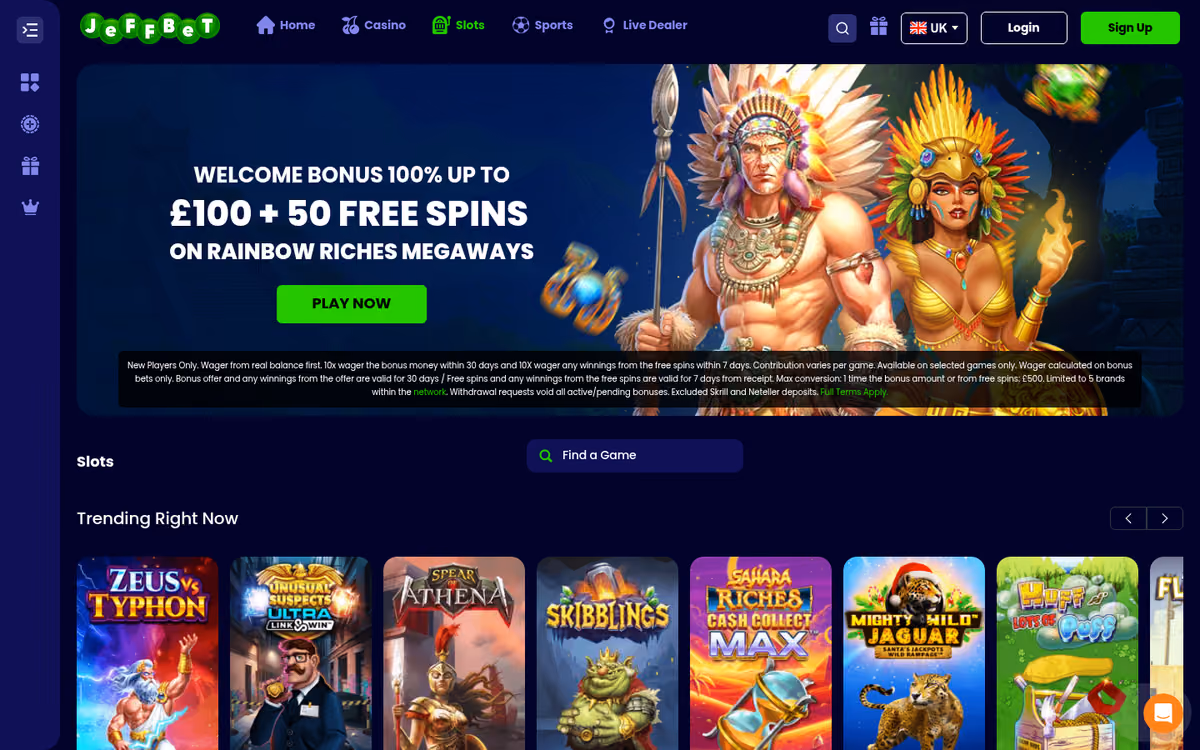 JeffBet slots lobby showing the 100% up to £100 plus 50 free spins on Rainbow Riches Megaways welcome and its 10x small print