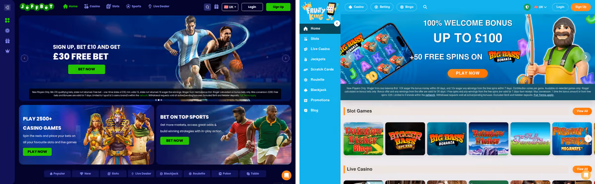 JeffBet beside Fruity King, two ProgressPlay brands with different designs on the same licence