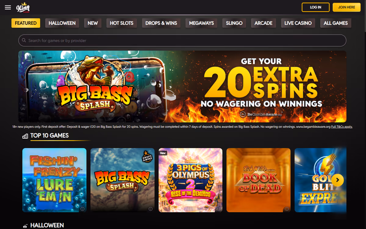 King Casino homepage in black and gold, with a Big Bass Splash banner reading Get Your 20 Extra Spins, No Wagering On Winnings