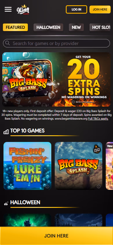 King Casino homepage at mobile width showing the twenty extra spins banner