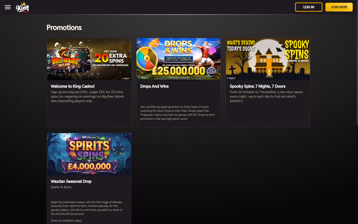 King Casino promotions page with four tiles: the welcome offer, Drops and Wins, Spooky Spins and a Wazdan Seasonal Drop