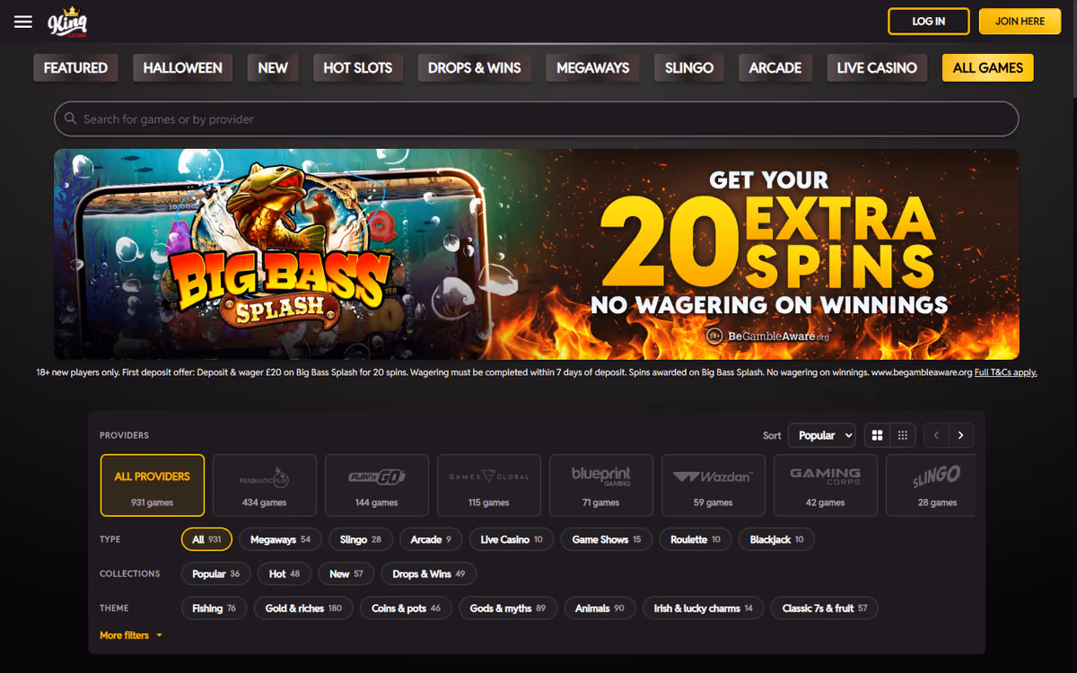 King Casino games page with the same nine-studio provider filter and the same counts as its sister brands