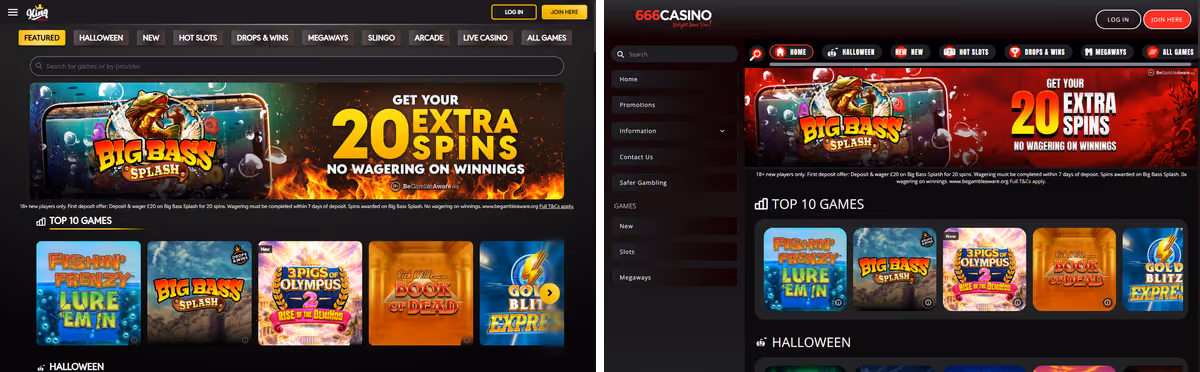 King Casino and 666 Casino homepages side by side, showing identical offer banners and identical game rows