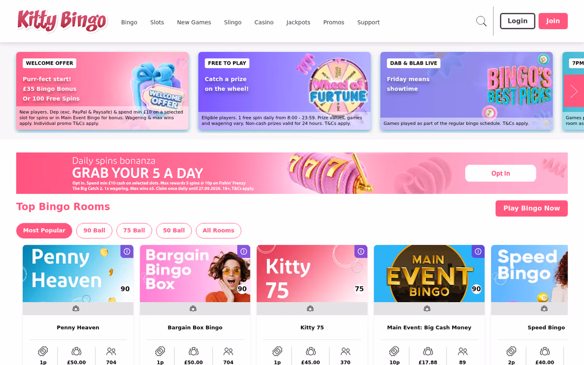Kitty Bingo sister sites evidence: the kittybingo.com homepage showing the choice of a bingo bonus or free spins