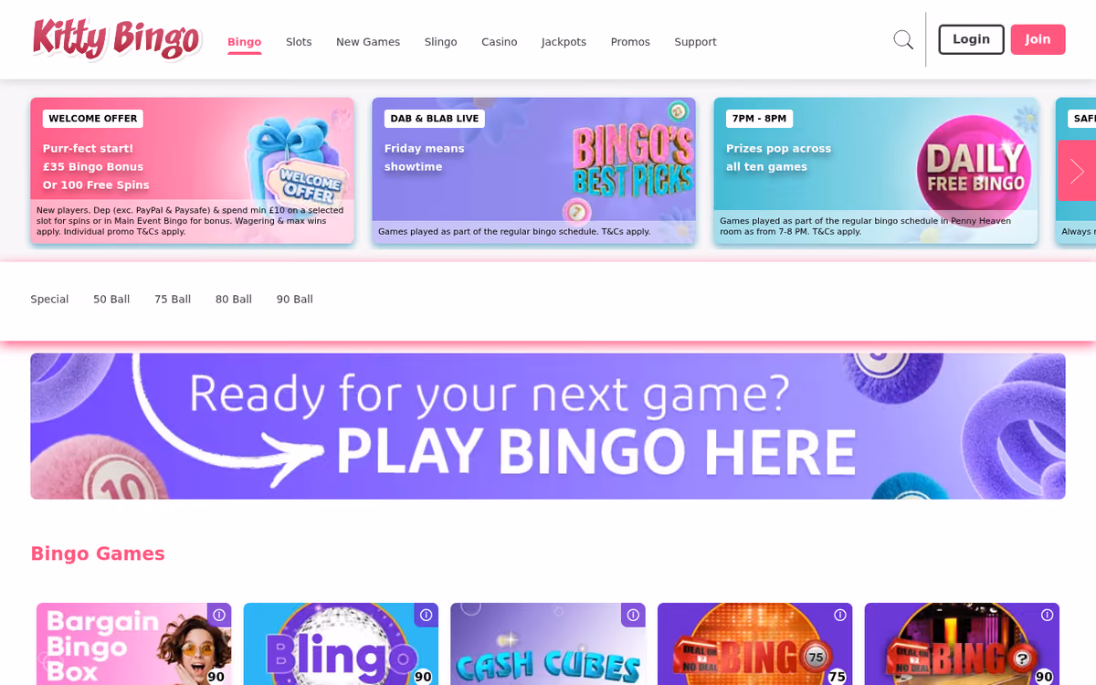 Kitty Bingo bingo lobby showing 50, 75, 80 and 90-ball rooms with ticket prices