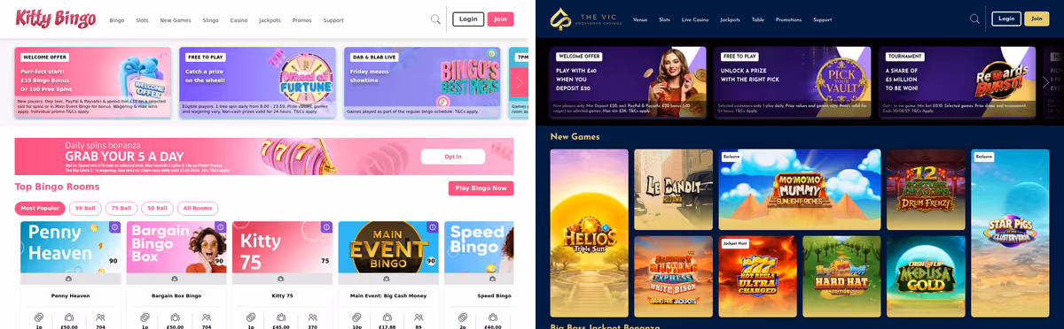 Kitty Bingo beside The Vic, two Rank Interactive brands on one Gambling Commission licence