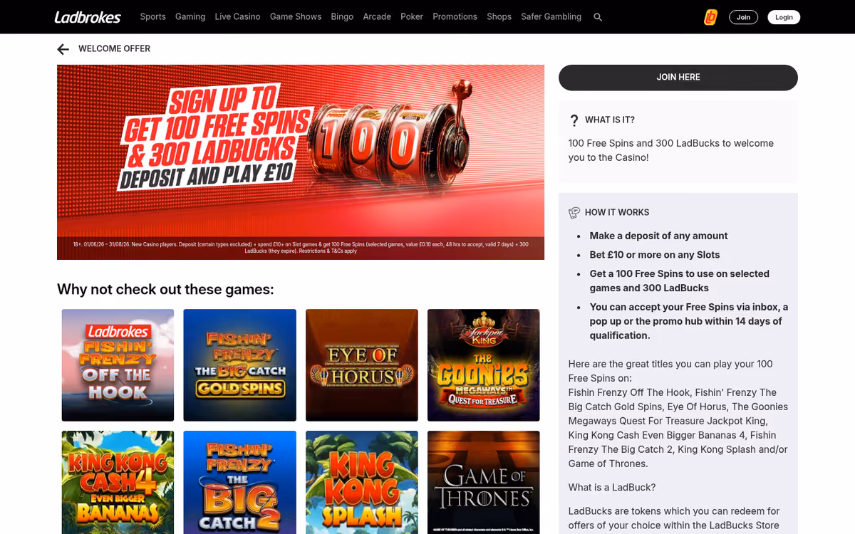 Ladbrokes gaming lobby showing the 100 free spins and 300 LadBucks welcome offer with its full terms printed beneath