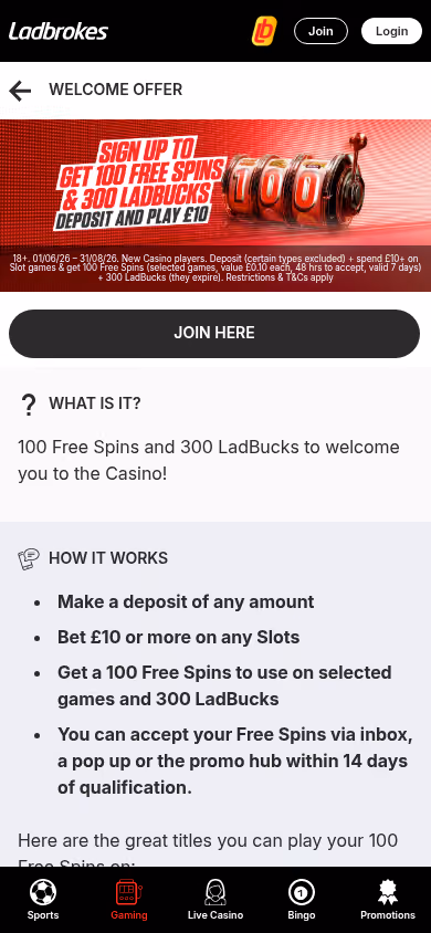 Ladbrokes welcome offer on mobile showing 100 free spins and 300 LadBucks with the full terms printed beneath