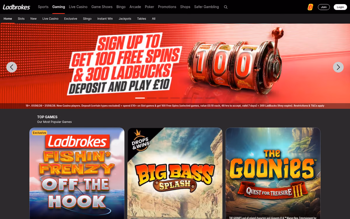 Ladbrokes slots lobby showing Exclusive, Slingo, Instant Win, Jackpots and Tables rails