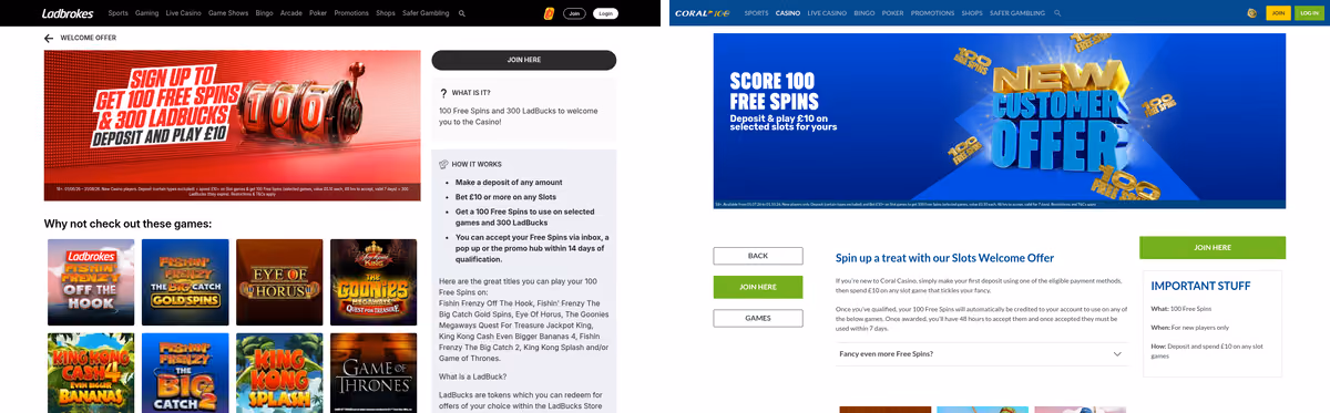 Ladbrokes and Coral casino lobbies side by side showing the shared LC International licence