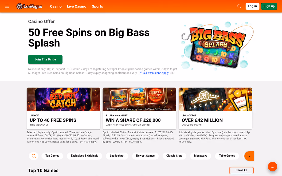 LeoVegas homepage showing the 50 free spins welcome offer and game categories